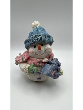 Snowman Figurine With Blue Hat & Pink Scarf Holding Train - Glitter Accents - Wi